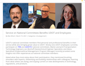 Thumbnail image of YouDOT article called "Service on National Committees Benefits UDOT and Employees" from March of 2021. The article is linked above the thumbnail image.