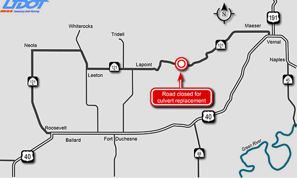 map showing location of closure between Lapoint and Vernal