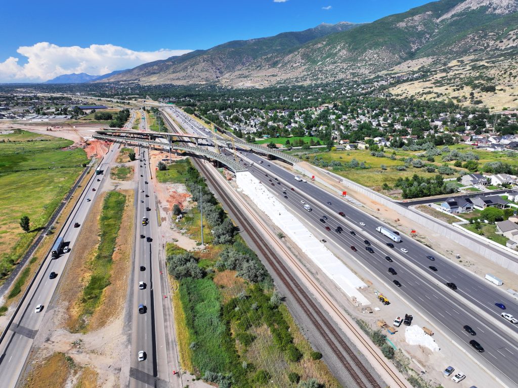 Aerial of Legacy, Railroad, I-15 and West Davis Interchange with geofoam ramp