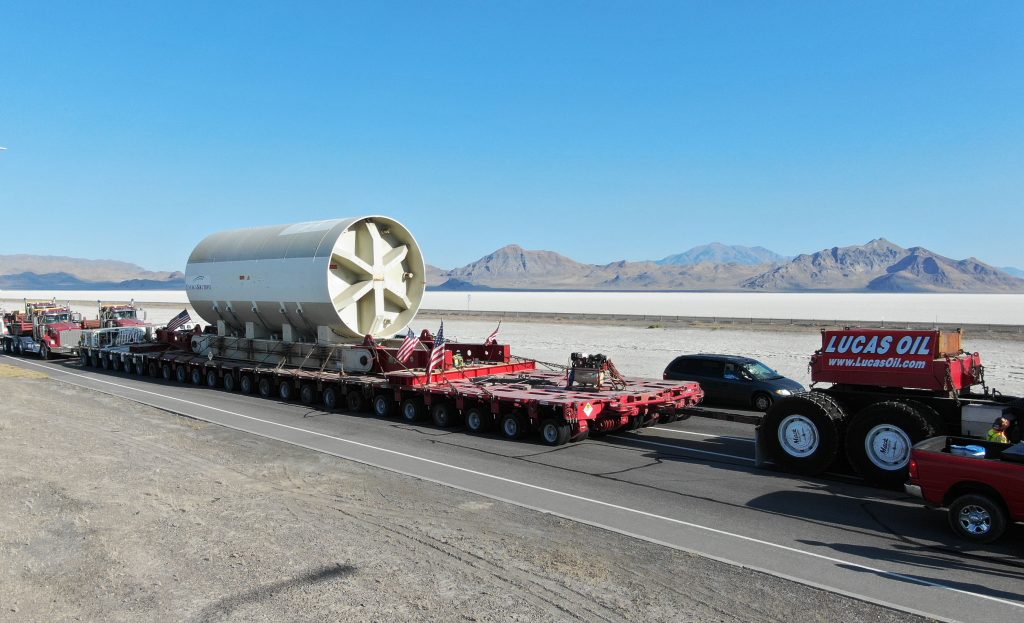 Photo of a large load on a trailer being pulled across Interstate 80 in western Utah.